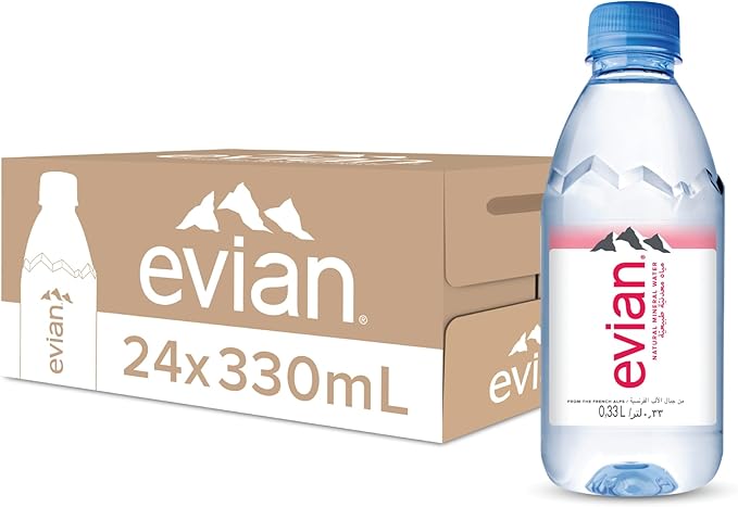 Evian Mineral Water, Naturally Filtered Drinking Water, 330ml Bottled Water Crafted by Nature, Case of 24 x 330ml Evian Water Bottles