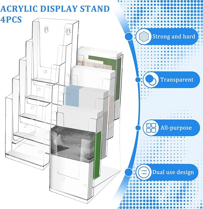 Set of 4 Brochure Holders, 5-Tier Acrylic DIN A4 Brochure Stand, Flyer Stand, Brochure Rack, Brochure Holder Acrylic Stand for Menus, Leaflets, Catalogs, Price Cards (Transparent)