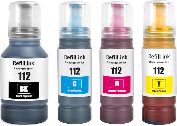 NexNova® Ink Set 112 for EPSON EcoTank 4-Pack Combo Black Cyan Magenta Yellow Compatible with L6550 L6570 L6580 L11160 L15150 L15160 M15140