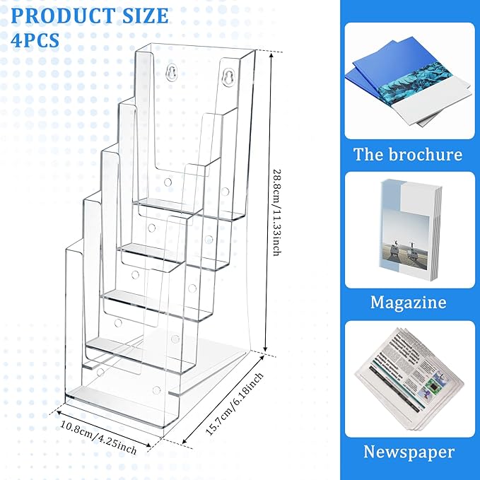 Set of 4 Brochure Holders, 5-Tier Acrylic DIN A4 Brochure Stand, Flyer Stand, Brochure Rack, Brochure Holder Acrylic Stand for Menus, Leaflets, Catalogs, Price Cards (Transparent)