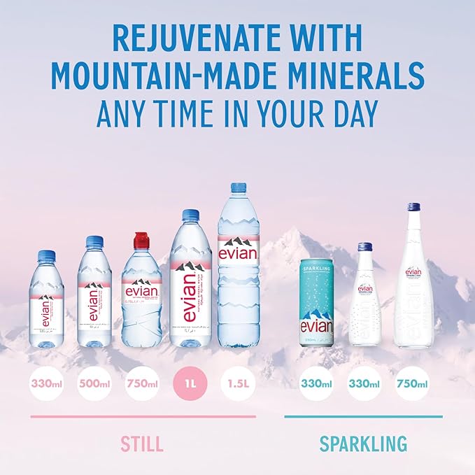 Evian Mineral Water, Naturally Filtered Drinking Water, 330ml Bottled Water Crafted by Nature, Case of 24 x 330ml Evian Water Bottles