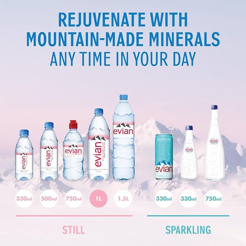 Evian Mineral Water, Naturally Filtered Drinking Water, 330ml Bottled Water Crafted by Nature, Case of 24 x 330ml Evian Water Bottles